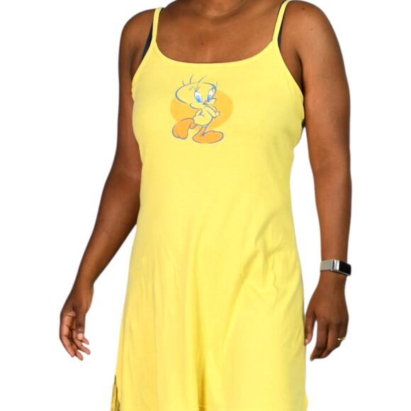 Warner Bros Y2K Tweety Dress Yellow Cotton Jersey Knit Side Slits Mini Tank XS - Picture 8 of 14